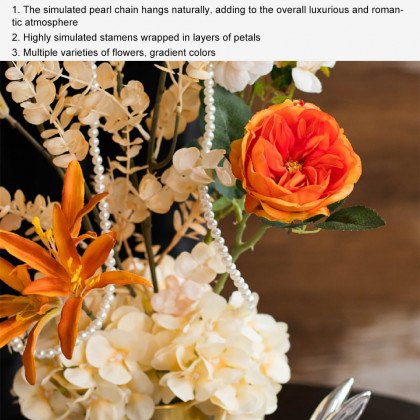 HMR - Orange Artificial Flowers in Vase Set Realistic Hydrangea Gold Ceramic Vase Home Decor