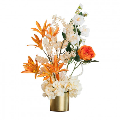 HMR - Orange Artificial Flowers in Vase Set Realistic Hydrangea Gold Ceramic Vase Home Decor
