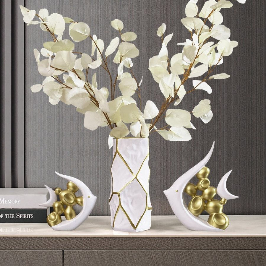 HMR - Matte Gold Pair of Fish Resin Ornaments White Artificial Plant Arrangement in Gold Vase