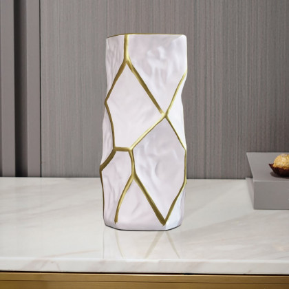 HMR - Matte Gold Pair of Fish Resin Ornaments White Artificial Plant Arrangement in Gold Vase