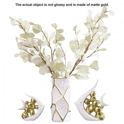 HMR - Matte Gold Pair of Fish Resin Ornaments White Artificial Plant Arrangement in Gold Vase