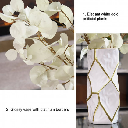 HMR - Matte Gold Pair of Fish Resin Ornaments White Artificial Plant Arrangement in Gold Vase