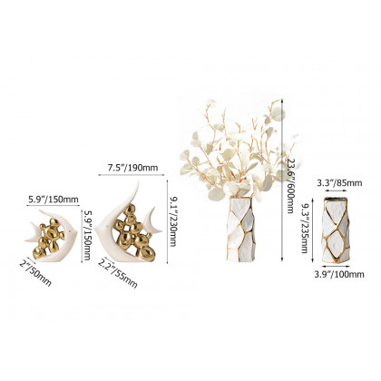 HMR - Matte Gold Pair of Fish Resin Ornaments White Artificial Plant Arrangement in Gold Vase