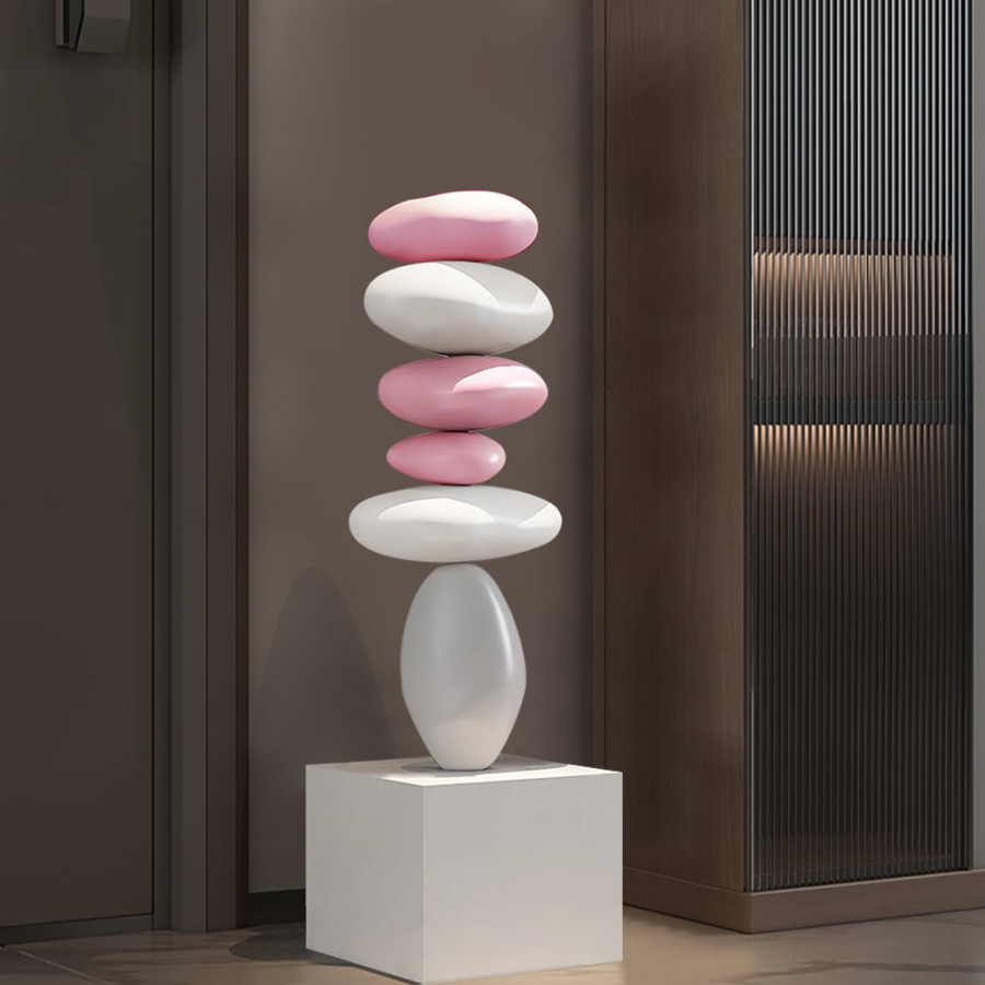HMR - 30.7" Abstract Geometric Fiberglass & MDF Stacked Stone Floor Sculpture Light Decor Art