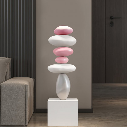HMR - 30.7" Abstract Geometric Fiberglass & MDF Stacked Stone Floor Sculpture Light Decor Art