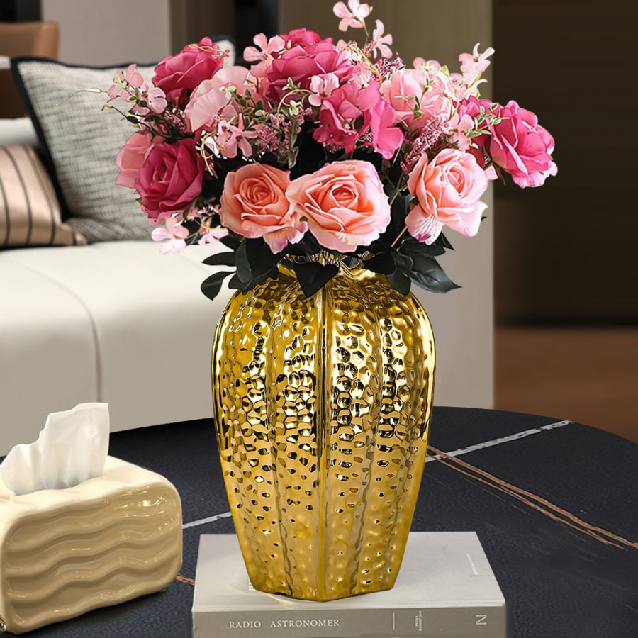 HMR - 11.8" Large Glam Gold Abstract Ceramic Flower Vase Living Room Bedroom Table