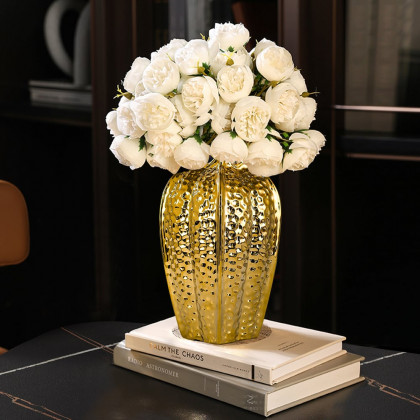 HMR - 11.8" Large Glam Gold Abstract Ceramic Flower Vase Living Room Bedroom Table