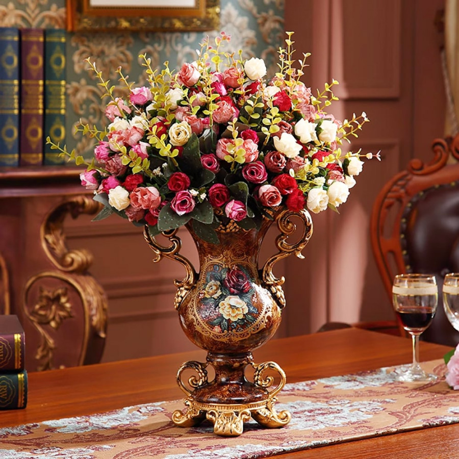 HMR - European Artificial Vintage Flower Arrangement Vase Set Golden Resin Vase Fake Flower