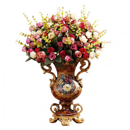 HMR - European Artificial Vintage Flower Arrangement Vase Set Golden Resin Vase Fake Flower