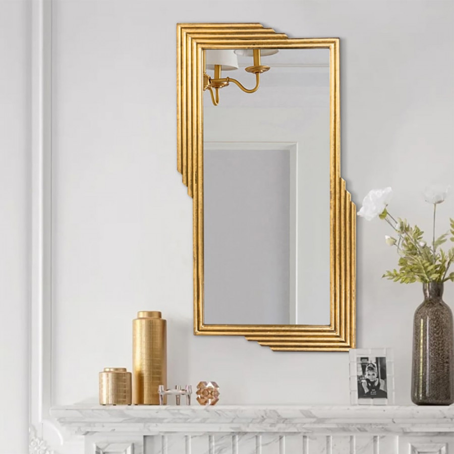 HMR - Modern Gold Metal Geometric Wall Decorative Mirror Entrance Rectangular Dressing Mirror