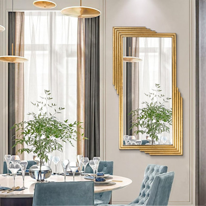 HMR - Modern Gold Metal Geometric Wall Decorative Mirror Entrance Rectangular Dressing Mirror