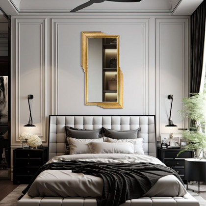 HMR - Modern Gold Metal Geometric Wall Decorative Mirror Entrance Rectangular Dressing Mirror