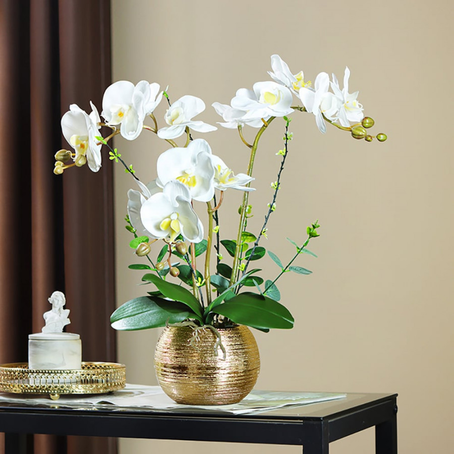 HMR - Artificial Flower Realistic White Orchids in Vase Set Gold Brushed Ceramic Flower Pots