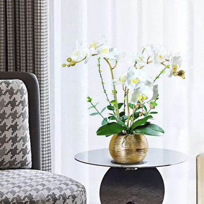 HMR - Artificial Flower Realistic White Orchids in Vase Set Gold Brushed Ceramic Flower Pots