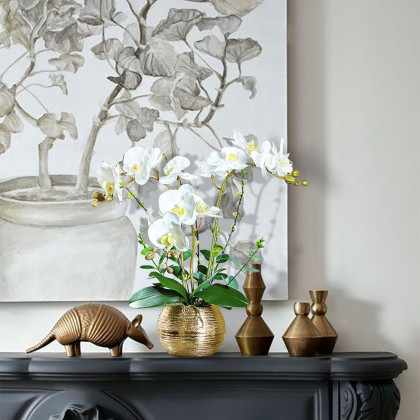 HMR - Artificial Flower Realistic White Orchids in Vase Set Gold Brushed Ceramic Flower Pots