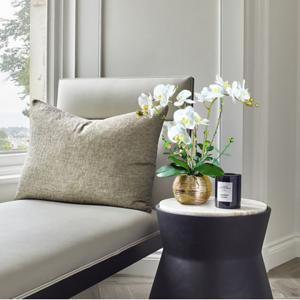 HMR - Artificial Flower Realistic White Orchids in Vase Set Gold Brushed Ceramic Flower Pots