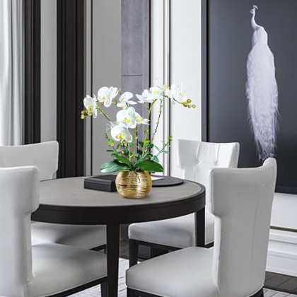HMR - Artificial Flower Realistic White Orchids in Vase Set Gold Brushed Ceramic Flower Pots