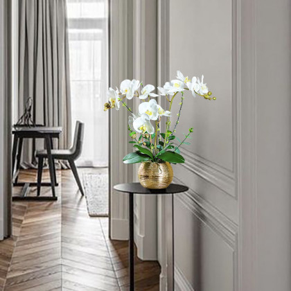 HMR - Artificial Flower Realistic White Orchids in Vase Set Gold Brushed Ceramic Flower Pots