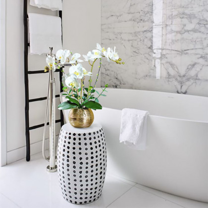 HMR - Artificial Flower Realistic White Orchids in Vase Set Gold Brushed Ceramic Flower Pots