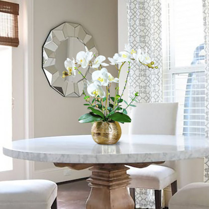 HMR - Artificial Flower Realistic White Orchids in Vase Set Gold Brushed Ceramic Flower Pots