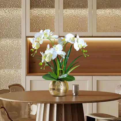 HMR - Artificial Flower Realistic White Orchids in Vase Set Gold Brushed Ceramic Flower Pots