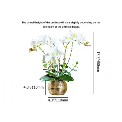 HMR - Artificial Flower Realistic White Orchids in Vase Set Gold Brushed Ceramic Flower Pots