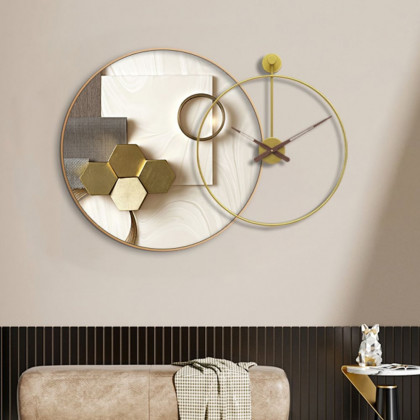HMR - Modern Gold Round Wall Clock Canvas Painting Decor Art with Wood Pointer Aluminium Frame