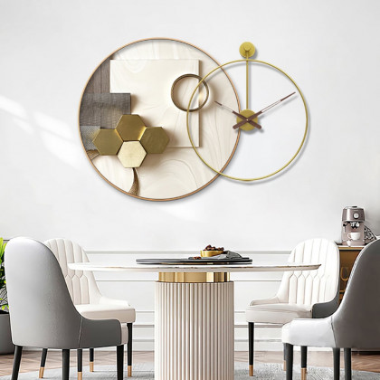 HMR - Modern Gold Round Wall Clock Canvas Painting Decor Art with Wood Pointer Aluminium Frame