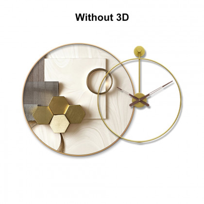 HMR - Modern Gold Round Wall Clock Canvas Painting Decor Art with Wood Pointer Aluminium Frame