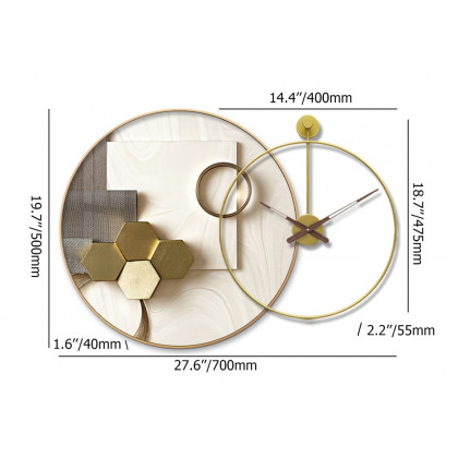 HMR - Modern Gold Round Wall Clock Canvas Painting Decor Art with Wood Pointer Aluminium Frame