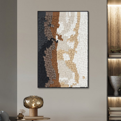 HMR - Abstract Geometric 3D Modern PU Leather Wall Decor Painting Art with Black Metal Frame
