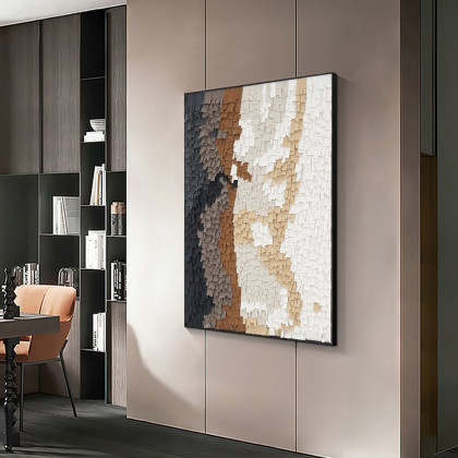 HMR - Abstract Geometric 3D Modern PU Leather Wall Decor Painting Art with Black Metal Frame