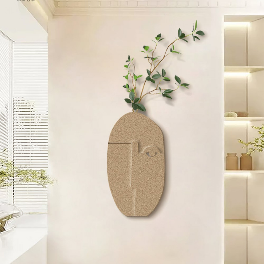 HMR - 3D Abstract Natural Sandstone Handmade Sculpture with Faux Plants Painting Wall Decor