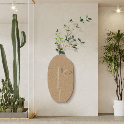 HMR - 3D Abstract Natural Sandstone Handmade Sculpture with Faux Plants Painting Wall Decor
