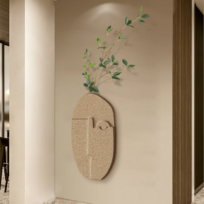 HMR - 3D Abstract Natural Sandstone Handmade Sculpture with Faux Plants Painting Wall Decor