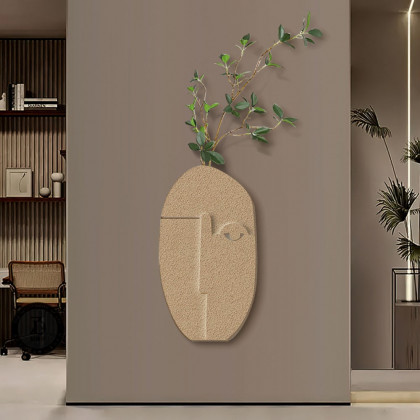 HMR - 3D Abstract Natural Sandstone Handmade Sculpture with Faux Plants Painting Wall Decor