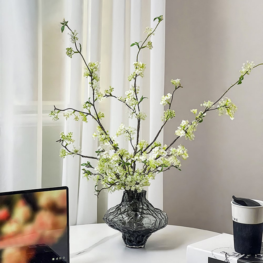 HMR - 5pcs Artificial Cherry Blossom Branches Set with Abstract Vase Desktop Artificial Plant