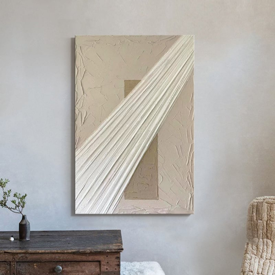HMR - Japandi Wall Decor for Living Room Rectangle Abstract Art Canvas Painting in White