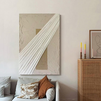 HMR - Japandi Wall Decor for Living Room Rectangle Abstract Art Canvas Painting in White
