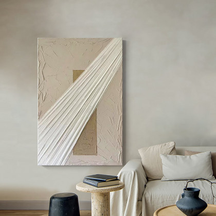 HMR - Japandi Wall Decor for Living Room Rectangle Abstract Art Canvas Painting in White