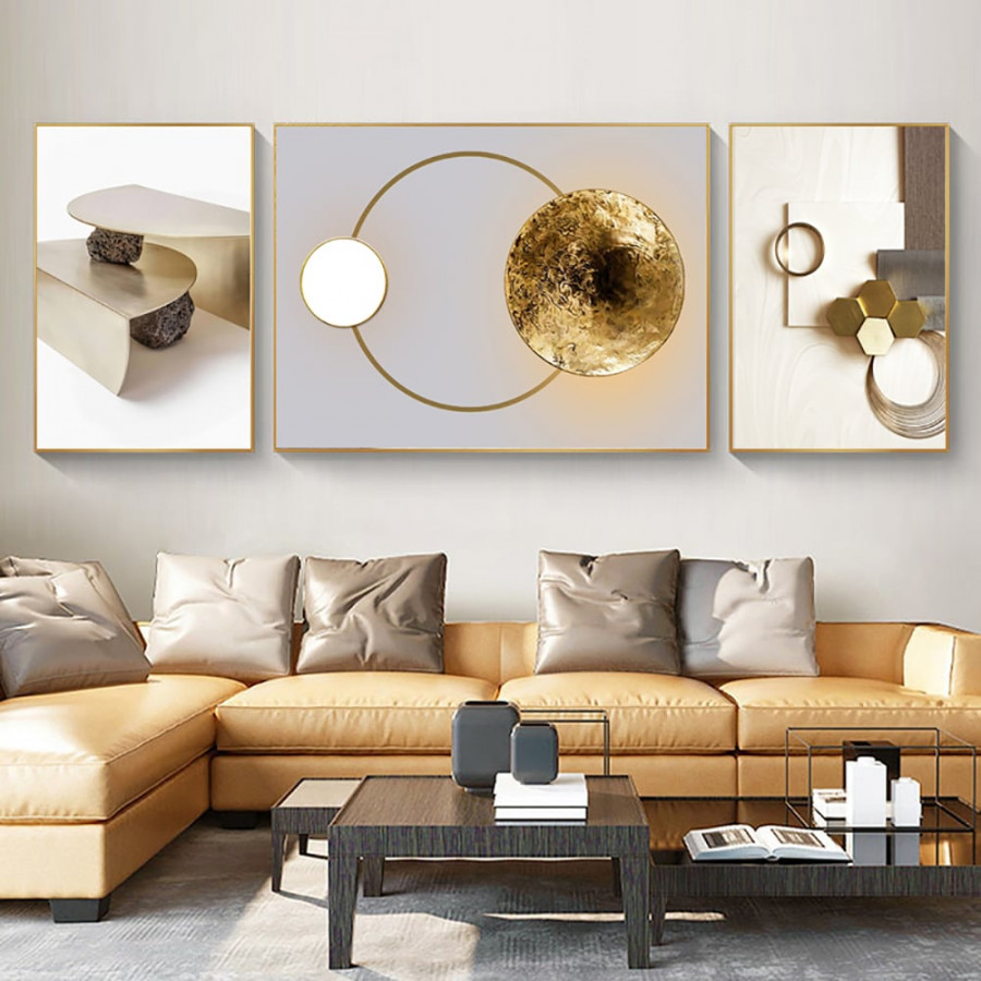 HMR - 3-Pieces Modern Geometric Abstract Wall Decor Set Canvas Print with Frame Living Room