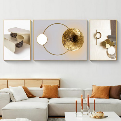 HMR - 3-Pieces Modern Geometric Abstract Wall Decor Set Canvas Print with Frame Living Room