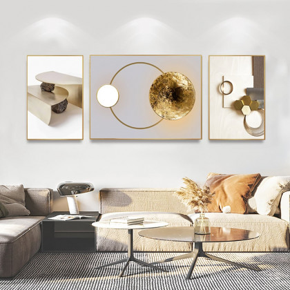 HMR - 3-Pieces Modern Geometric Abstract Wall Decor Set Canvas Print with Frame Living Room