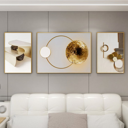 HMR - 3-Pieces Modern Geometric Abstract Wall Decor Set Canvas Print with Frame Living Room