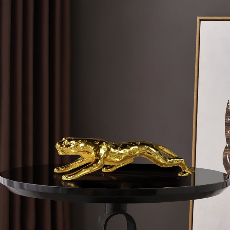 HMR - 16.9" Gold Leopard Sculpture Panther Statue Resin Ornament Decor Art Living Room Bedroom