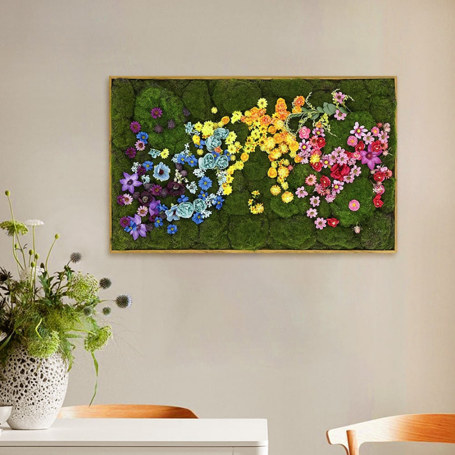HMR - 3D Preserved Moss Flower Wall Art Hanging Rainbow Floral Wall Decor with Wood Frame