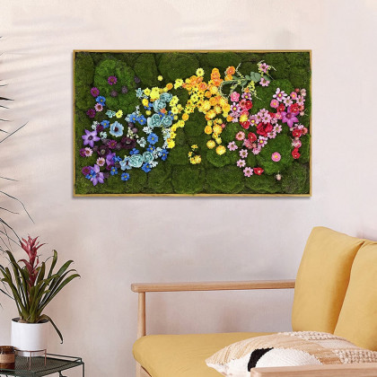 HMR - 3D Preserved Moss Flower Wall Art Hanging Rainbow Floral Wall Decor with Wood Frame
