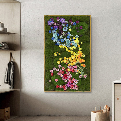 HMR - 3D Preserved Moss Flower Wall Art Hanging Rainbow Floral Wall Decor with Wood Frame