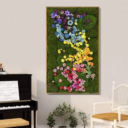 HMR - 3D Preserved Moss Flower Wall Art Hanging Rainbow Floral Wall Decor with Wood Frame
