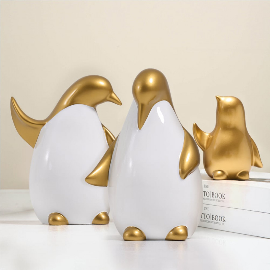 HMR - Modern Desktop White & Gold Penguins Set of 3